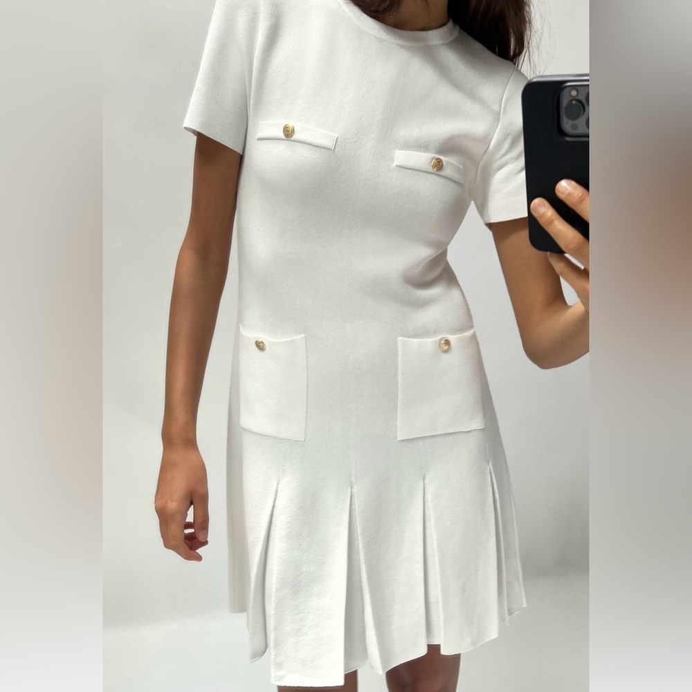 Zara NWT Spring 2024 white mini knit dress with box pleat skirt in Size L